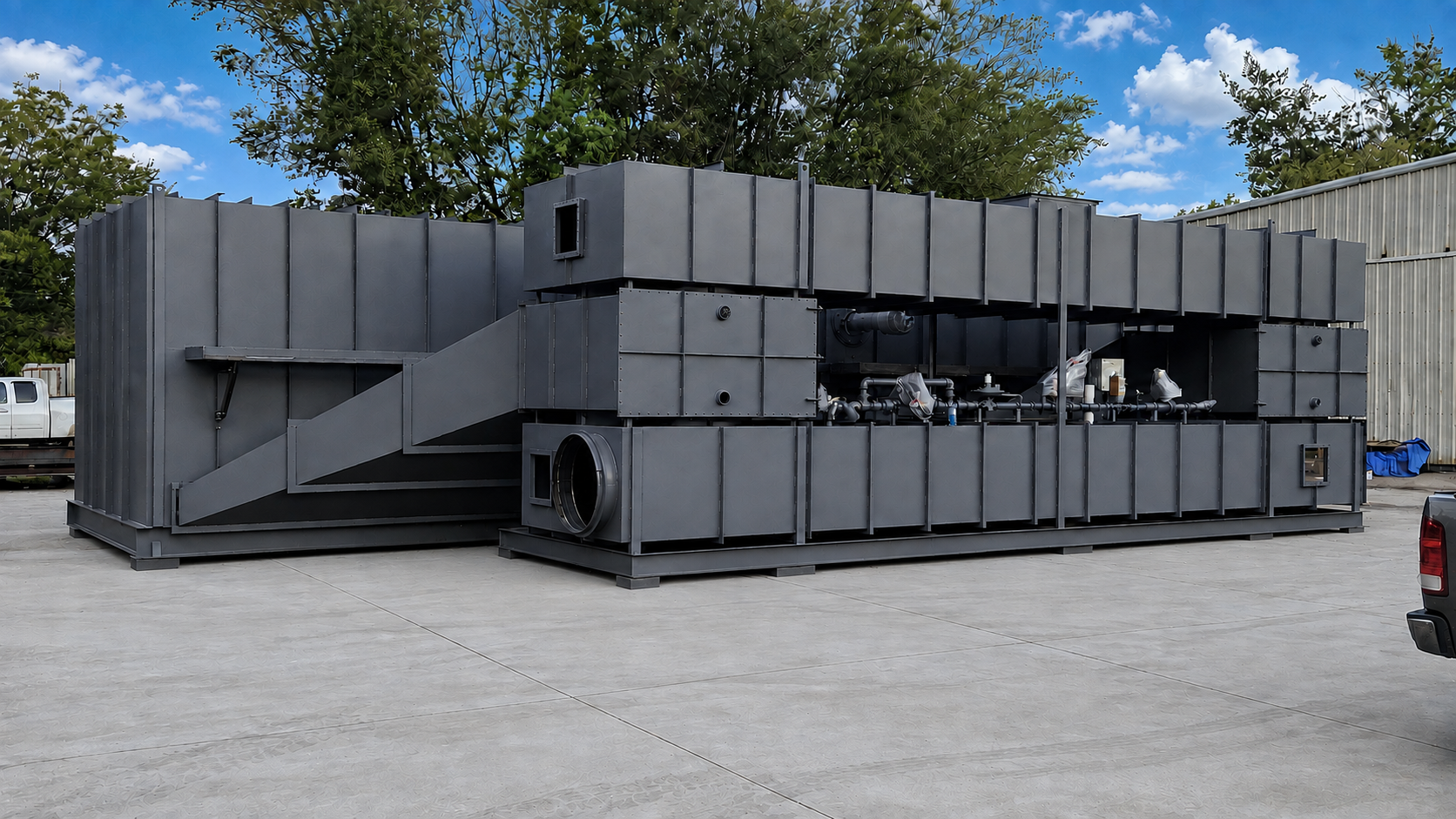 Fabricated thermal oxidizer equipment staged outside the shop