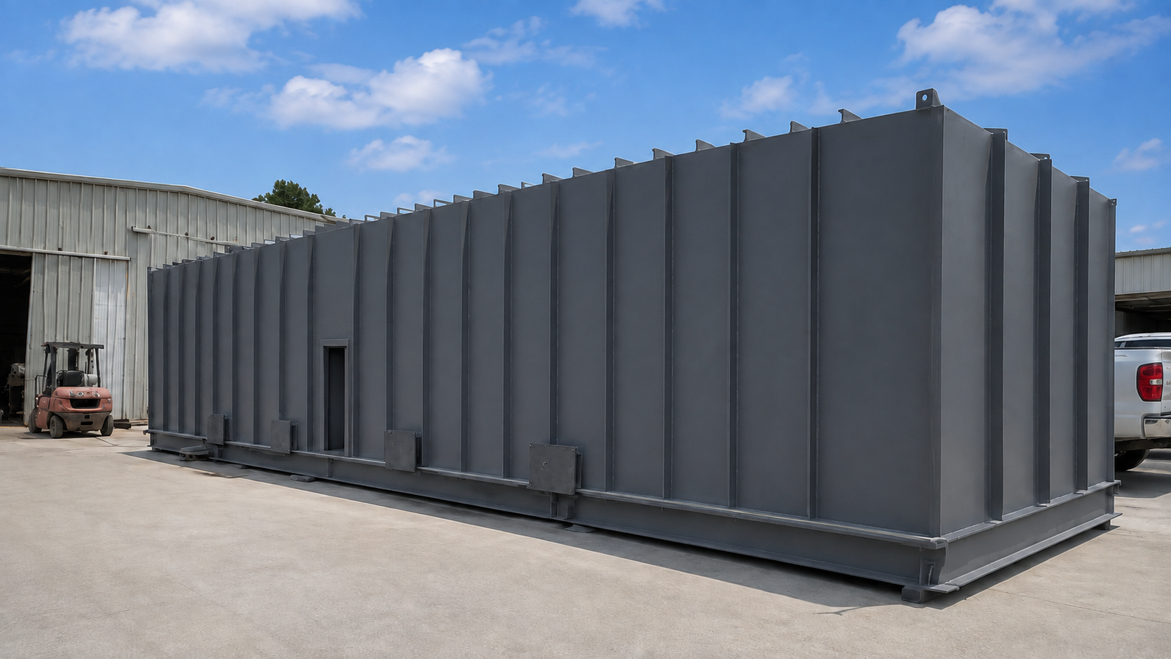 Large fabricated thermal oxidizer module outside the shop
