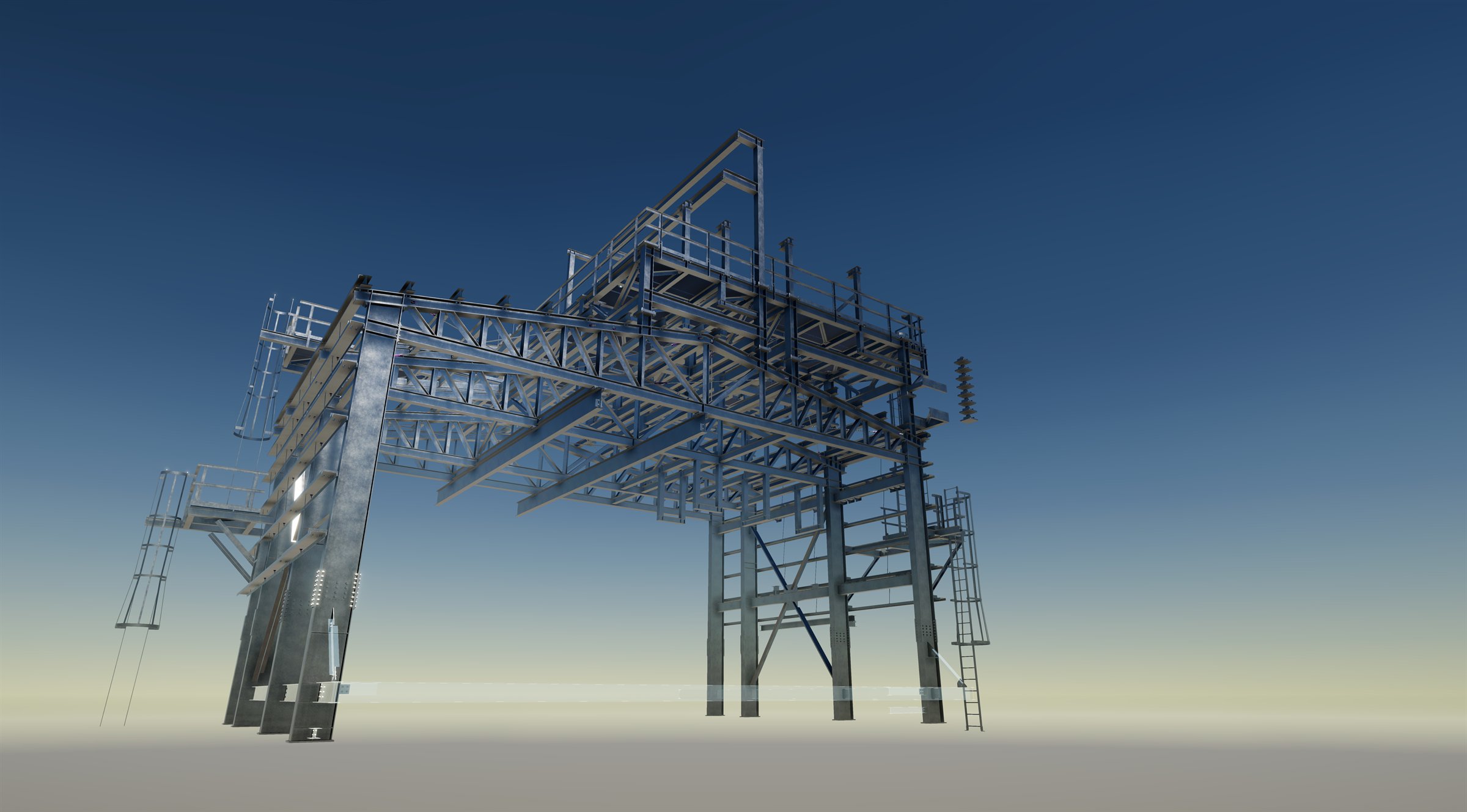 Tekla 3D model of an industrial steel platform and structure